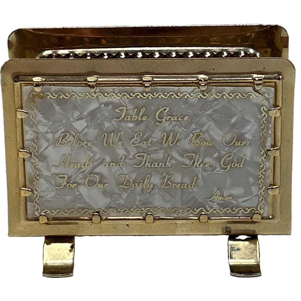 Vintage Table Grace Prayer Napkin Holder Mother of Pearl Gold Tone Religious